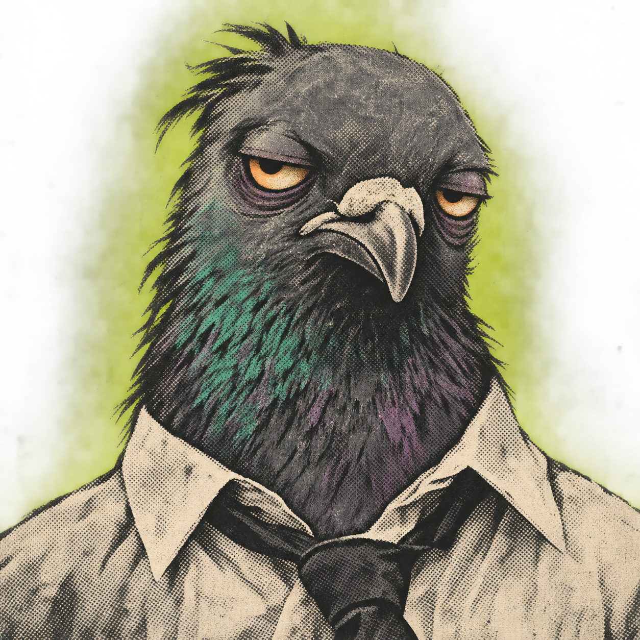 An exhausted office pigeon wearing a loosened tie